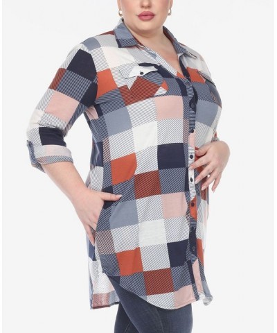 Plus Size Plaid Tunic Shirt Blue and Brown $27.90 Tops