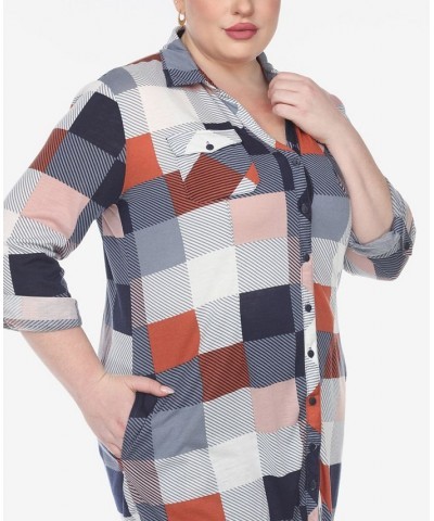 Plus Size Plaid Tunic Shirt Blue and Brown $27.90 Tops