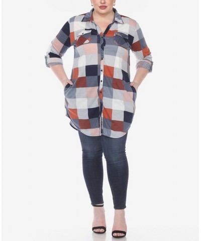 Plus Size Plaid Tunic Shirt Blue and Brown $27.90 Tops