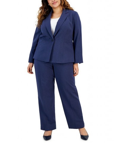 Plus Size Herringbone Single Button Blazer & Straight-Leg Mid-Rise Pantsuit Blue $82.50 Suits