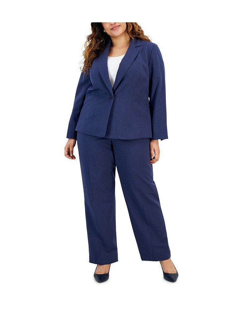 Plus Size Herringbone Single Button Blazer & Straight-Leg Mid-Rise Pantsuit Blue $82.50 Suits