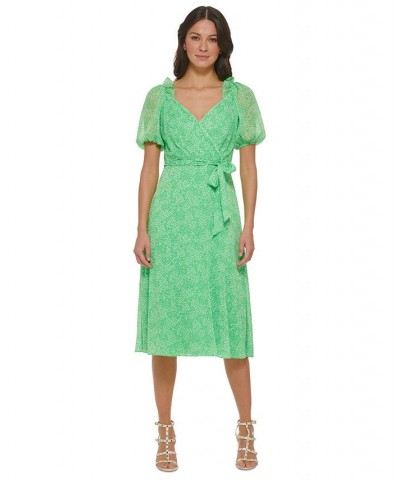 Women's Ruffled V-Neck Printed Chiffon Dress Green Multi $54.72 Dresses