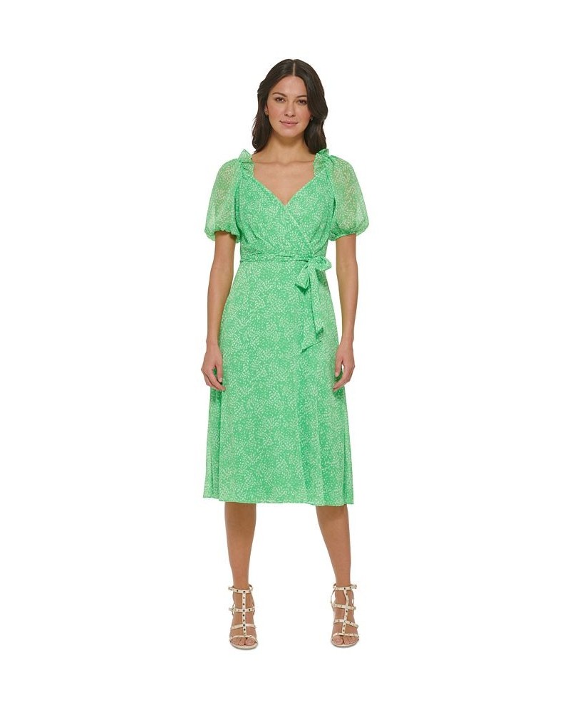 Women's Ruffled V-Neck Printed Chiffon Dress Green Multi $54.72 Dresses