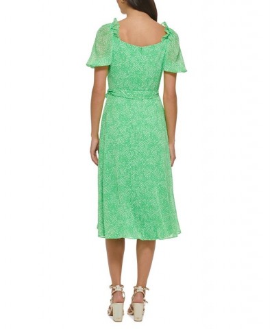 Women's Ruffled V-Neck Printed Chiffon Dress Green Multi $54.72 Dresses