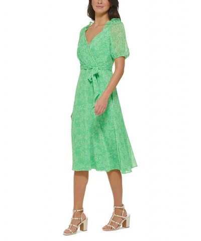 Women's Ruffled V-Neck Printed Chiffon Dress Green Multi $54.72 Dresses