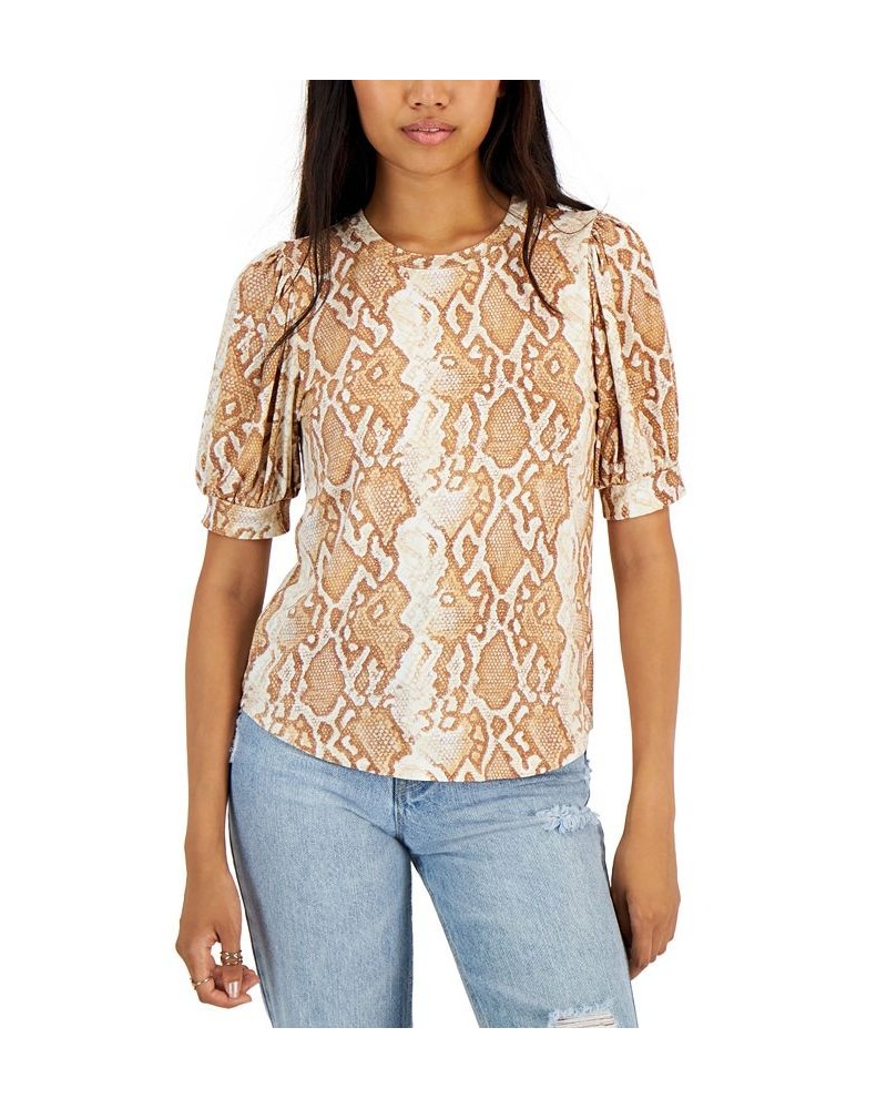 Petite Puffed-Sleeve Python-Print Top Brown Python $9.95 Tops