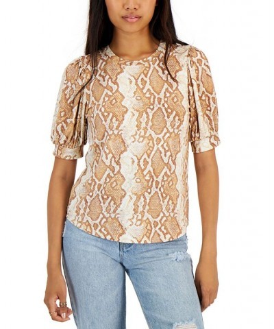 Petite Puffed-Sleeve Python-Print Top Brown Python $9.95 Tops