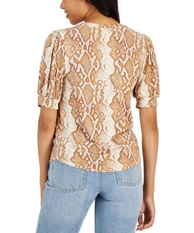 Petite Puffed-Sleeve Python-Print Top Brown Python $9.95 Tops