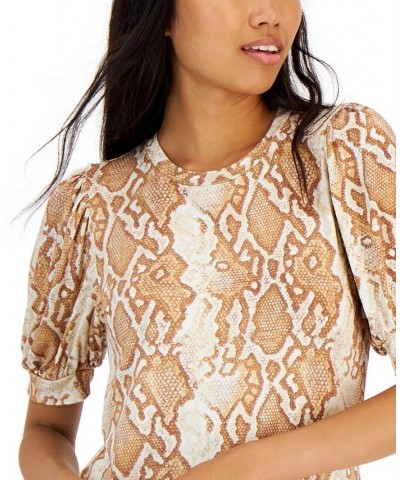 Petite Puffed-Sleeve Python-Print Top Brown Python $9.95 Tops