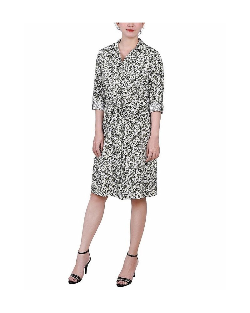 Women's 3/4 Sleeve Roll Tab Shirtdress with Belt Ivory Olive Cells $20.72 Dresses