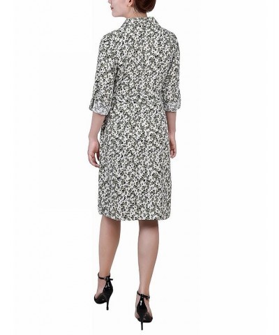 Women's 3/4 Sleeve Roll Tab Shirtdress with Belt Ivory Olive Cells $20.72 Dresses