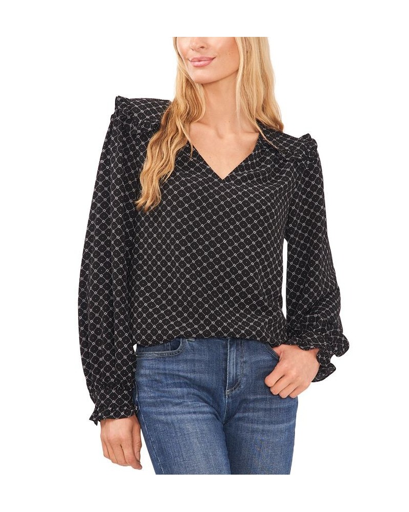 Women's Printed V-Neck Long-Sleeve Ruffle-Trim Top Rich Black $24.11 Tops