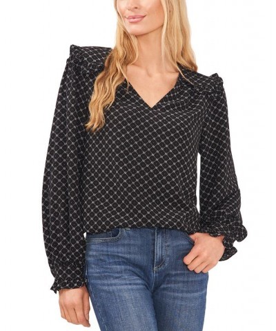 Women's Printed V-Neck Long-Sleeve Ruffle-Trim Top Rich Black $24.11 Tops