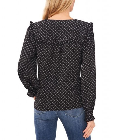 Women's Printed V-Neck Long-Sleeve Ruffle-Trim Top Rich Black $24.11 Tops