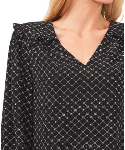 Women's Printed V-Neck Long-Sleeve Ruffle-Trim Top Rich Black $24.11 Tops