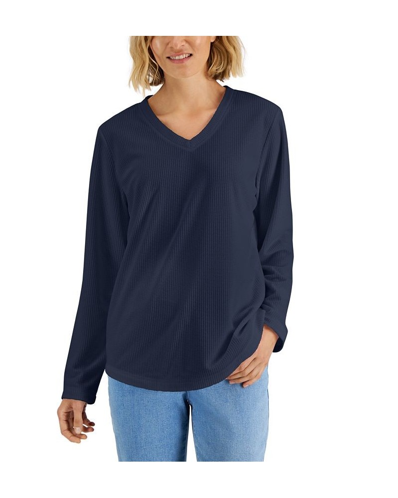 Women's Textured Microfleece V-Neck Top Intrepid Blue $12.21 Tops