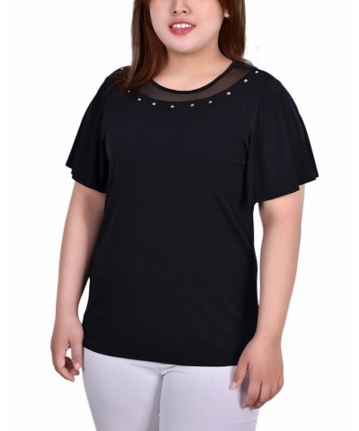 Plus Size Short Sleeve Knit Top with Sheer Inset Black $11.04 Tops