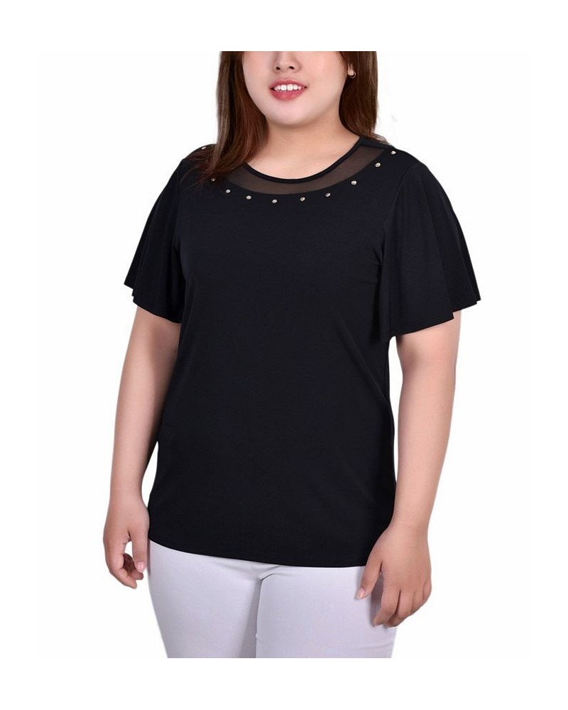 Plus Size Short Sleeve Knit Top with Sheer Inset Black $11.04 Tops