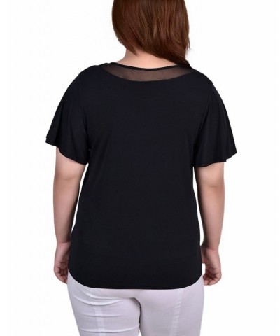 Plus Size Short Sleeve Knit Top with Sheer Inset Black $11.04 Tops