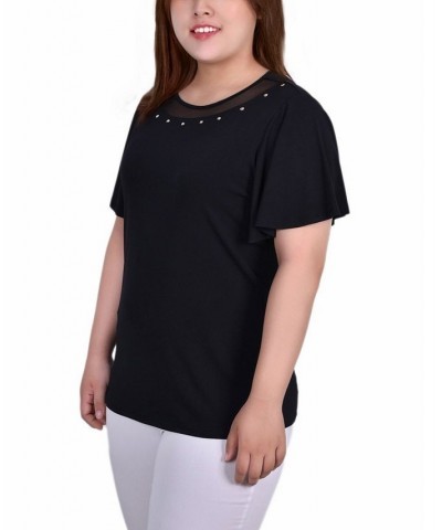 Plus Size Short Sleeve Knit Top with Sheer Inset Black $11.04 Tops