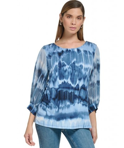 Women's Printed Mixed-Media 3/4-Sleeve Top Dusk/Black $15.99 Tops