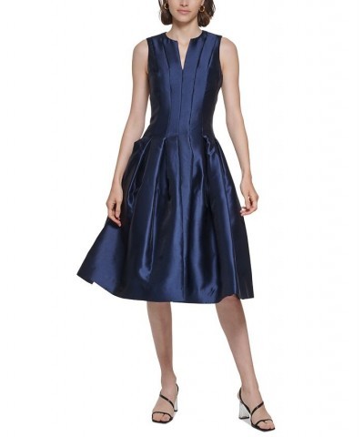 Women's Split-Neck Sleeveless Pleated Fit & Flare Dress Indigo $83.65 Dresses