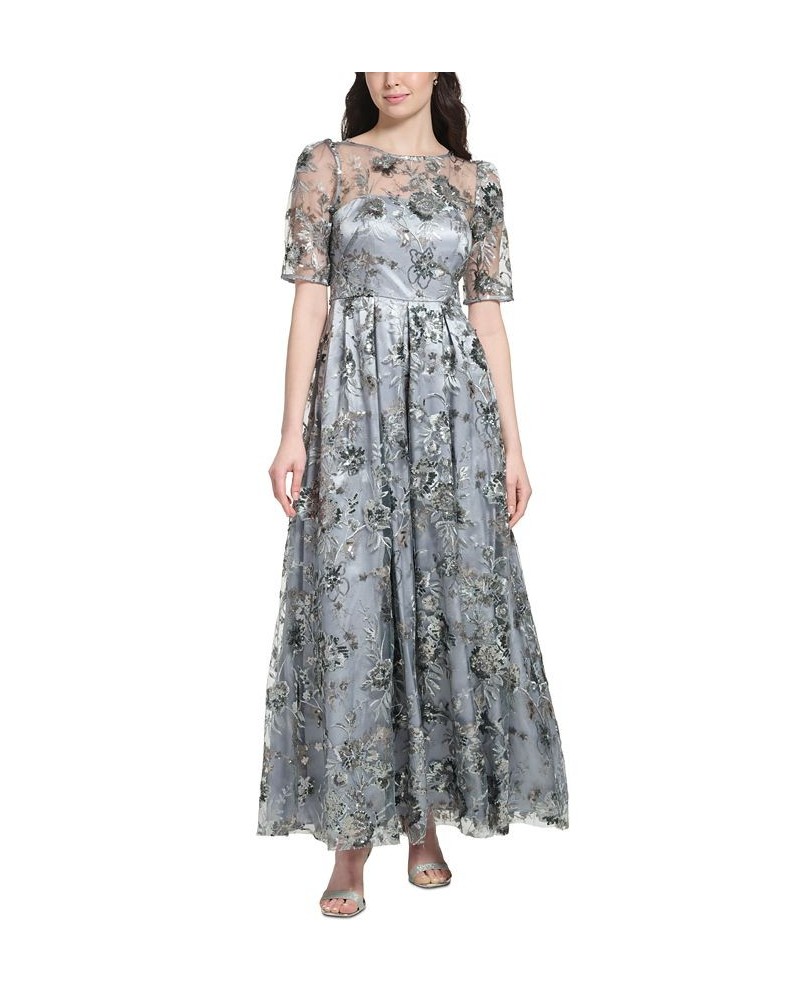 Women's Boat-Neck Elbow-Length-Sleeve Floral-Embroidery Gown Gunmetal $179.10 Dresses