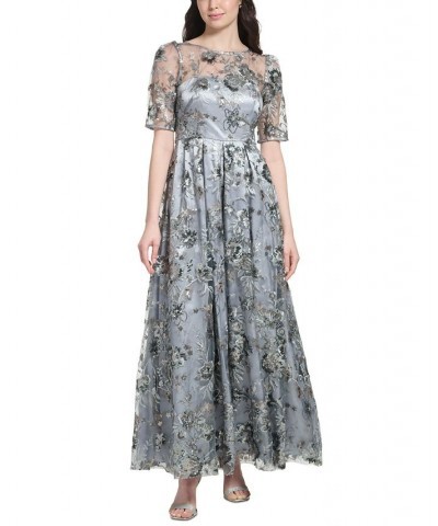 Women's Boat-Neck Elbow-Length-Sleeve Floral-Embroidery Gown Gunmetal $179.10 Dresses