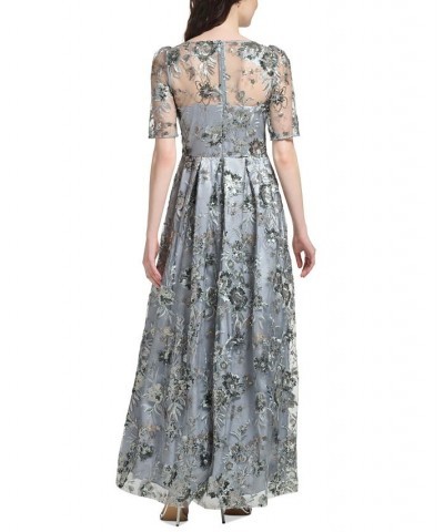 Women's Boat-Neck Elbow-Length-Sleeve Floral-Embroidery Gown Gunmetal $179.10 Dresses