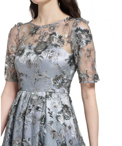 Women's Boat-Neck Elbow-Length-Sleeve Floral-Embroidery Gown Gunmetal $179.10 Dresses