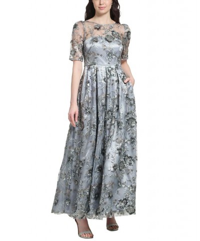 Women's Boat-Neck Elbow-Length-Sleeve Floral-Embroidery Gown Gunmetal $179.10 Dresses