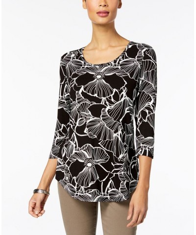 Petite 3/4-Sleeve Printed Top Black $11.04 Tops