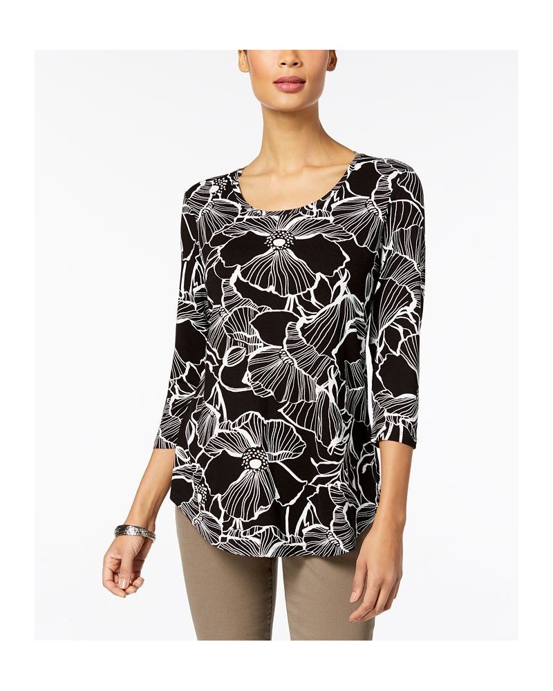 Petite 3/4-Sleeve Printed Top Black $11.04 Tops