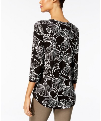 Petite 3/4-Sleeve Printed Top Black $11.04 Tops