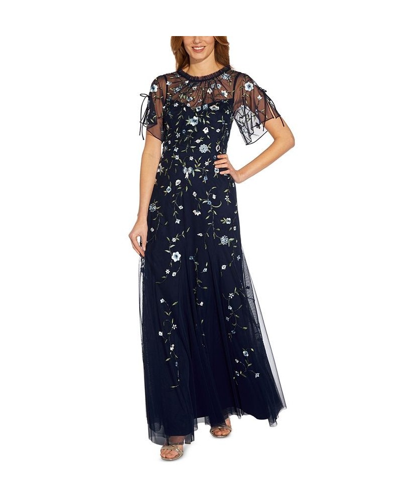 Women's Embroidered Split-Sleeve Gown Light Navy $120.51 Dresses