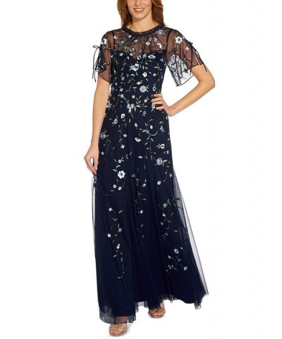 Women's Embroidered Split-Sleeve Gown Light Navy $120.51 Dresses