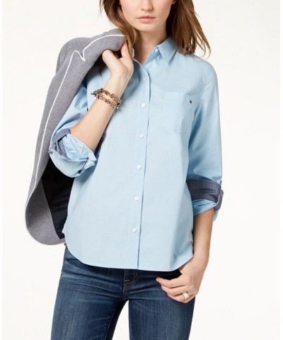 Women's Cotton Roll-Tab Button-Up Shirt Crystal Blue $26.54 Tops