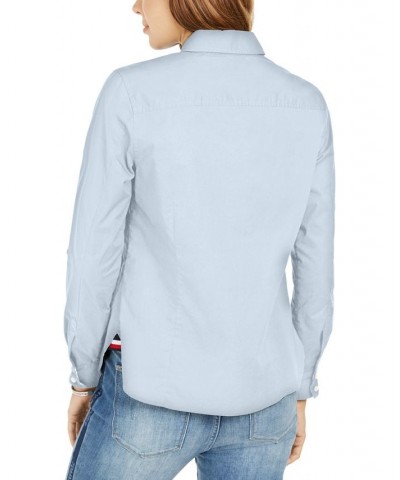 Women's Cotton Roll-Tab Button-Up Shirt Crystal Blue $26.54 Tops