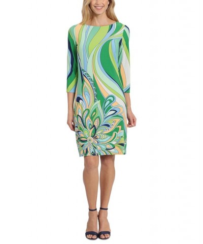 Women's 3/4-Sleeve Printed Shift Dress Green $42.72 Dresses