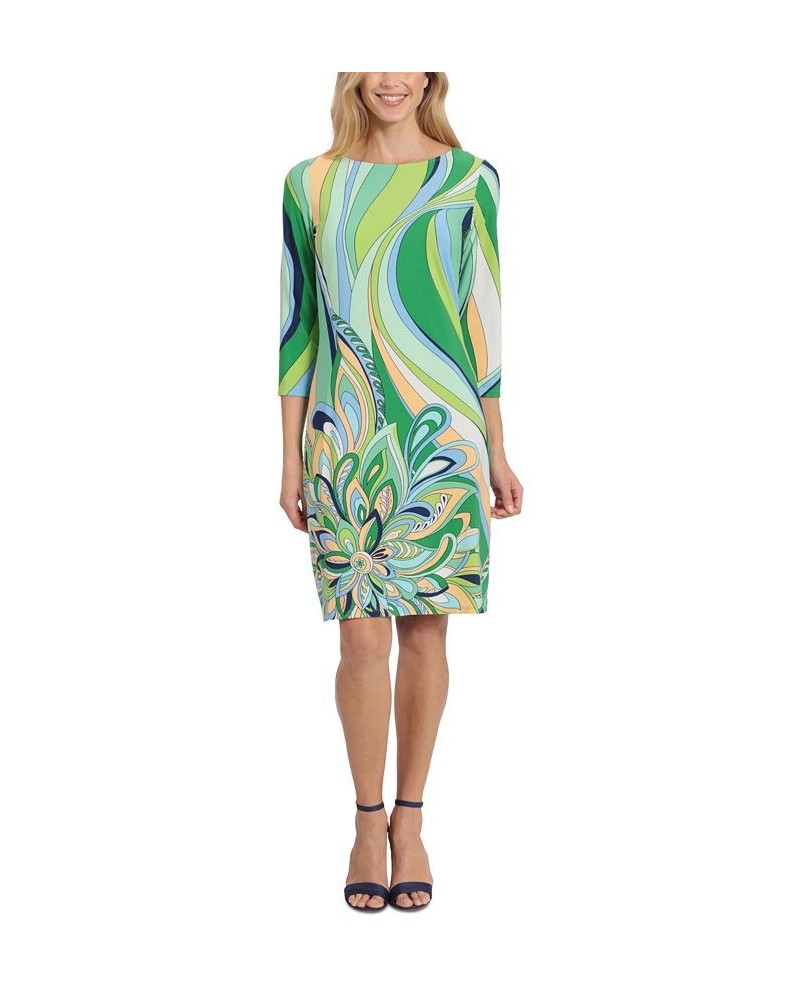 Women's 3/4-Sleeve Printed Shift Dress Green $42.72 Dresses