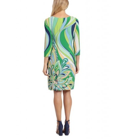 Women's 3/4-Sleeve Printed Shift Dress Green $42.72 Dresses