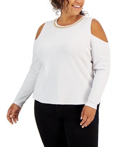 Plus Size Ribbed Chain-Trim Cold-Shoulder Top White $15.86 Tops