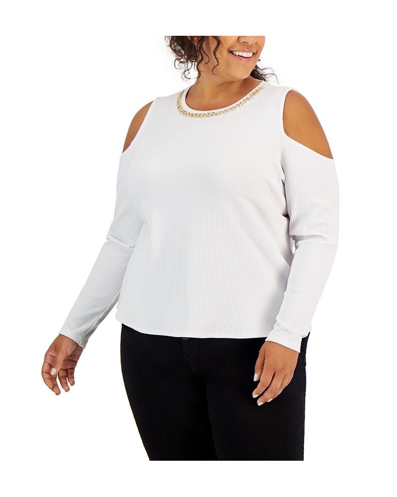 Plus Size Ribbed Chain-Trim Cold-Shoulder Top White $15.86 Tops