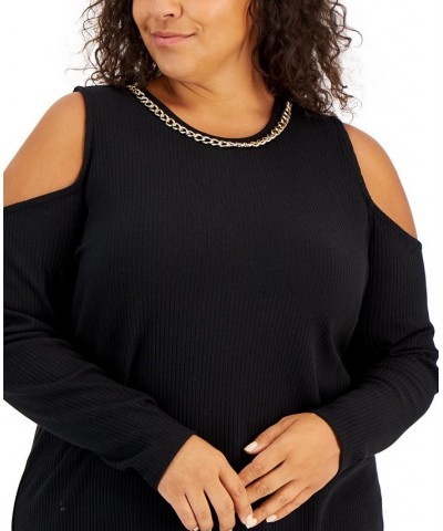 Plus Size Ribbed Chain-Trim Cold-Shoulder Top White $15.86 Tops