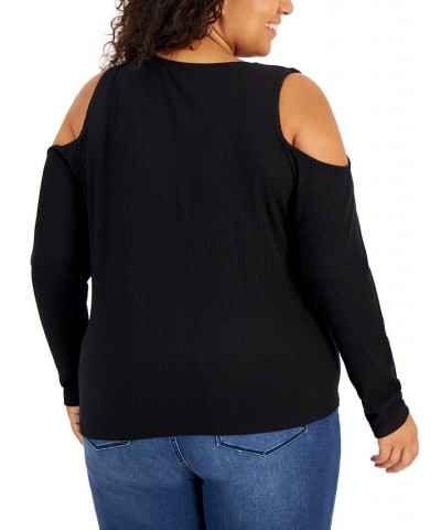 Plus Size Ribbed Chain-Trim Cold-Shoulder Top White $15.86 Tops