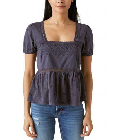 Women's Cotton Schiffley Embroidered Peplum-Hem Top Black Beauty $49.75 Tops