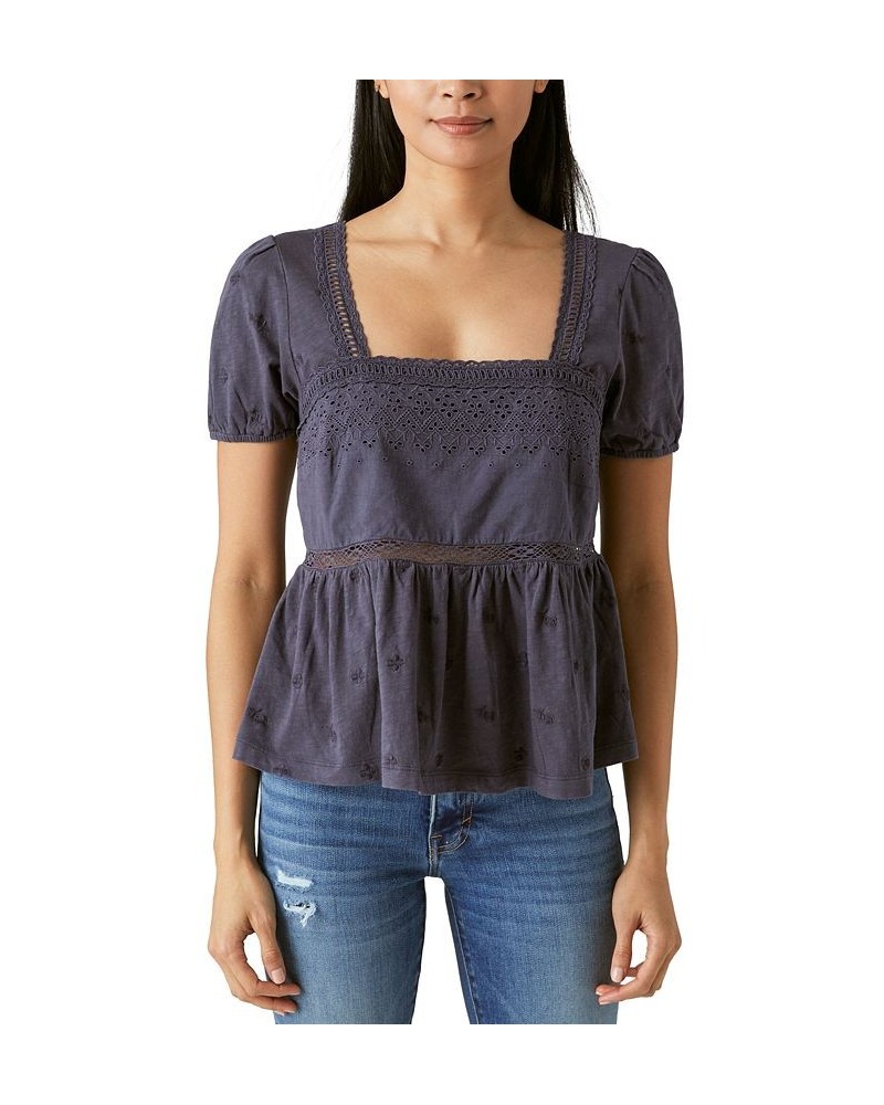 Women's Cotton Schiffley Embroidered Peplum-Hem Top Black Beauty $49.75 Tops