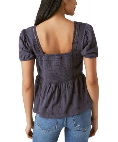 Women's Cotton Schiffley Embroidered Peplum-Hem Top Black Beauty $49.75 Tops