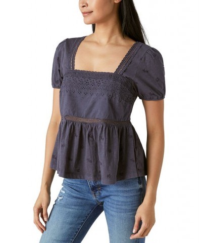 Women's Cotton Schiffley Embroidered Peplum-Hem Top Black Beauty $49.75 Tops