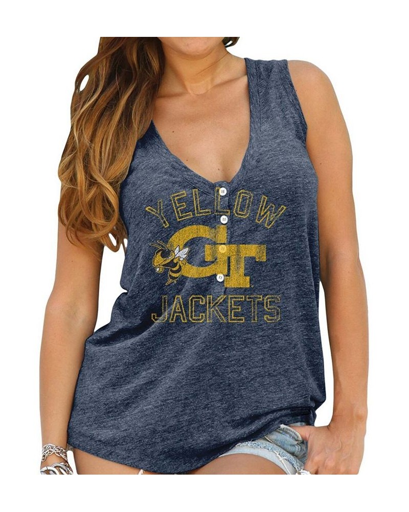 Women's Navy Georgia Tech Yellow Jackets Relaxed Henley V-Neck Tri-Blend Tank Top Navy $19.32 Tops